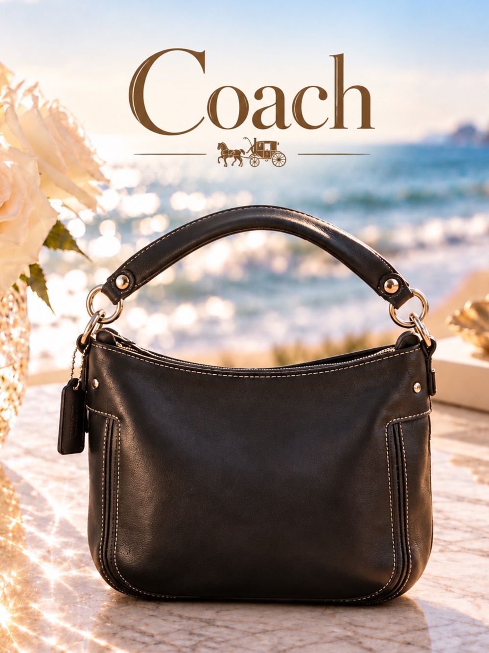Coach Zoe F14707 Black Leather Hobo Shoulder Bag